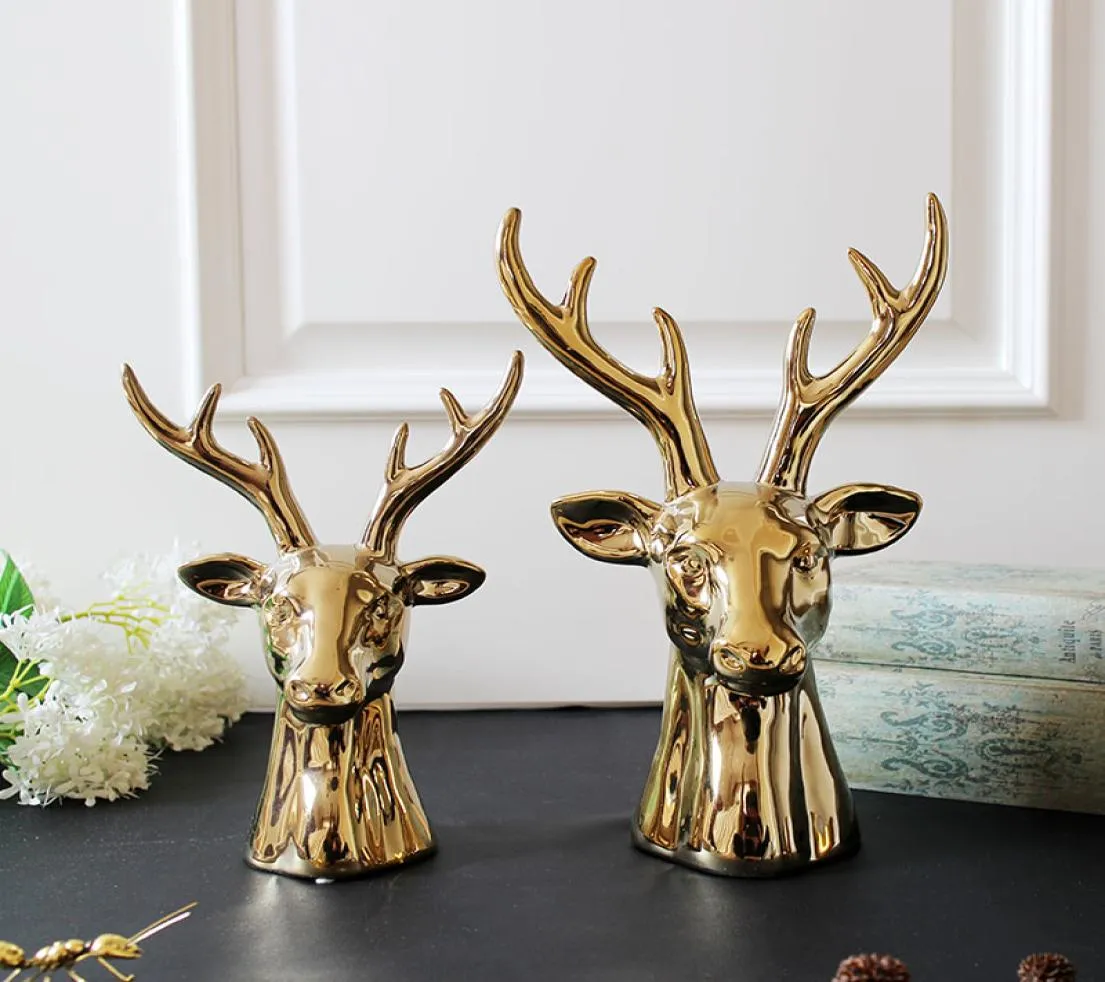 Nordic Gold Deer Head Figurine in ceramica per la decorazione domestica Ufficio Bar Tavolo da pranzo Accessori per soggiorno Pezzo d'arte da collezione7629529