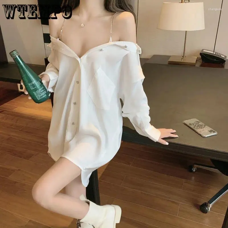 Blouses Femmes WTEMPO Sexy Hors Épaule Top Femmes Y2k Chemise Blanche Mode À Manches Longues En Mousseline De Soie Blouse Avec Chaîne Streetwear Dames Bureau