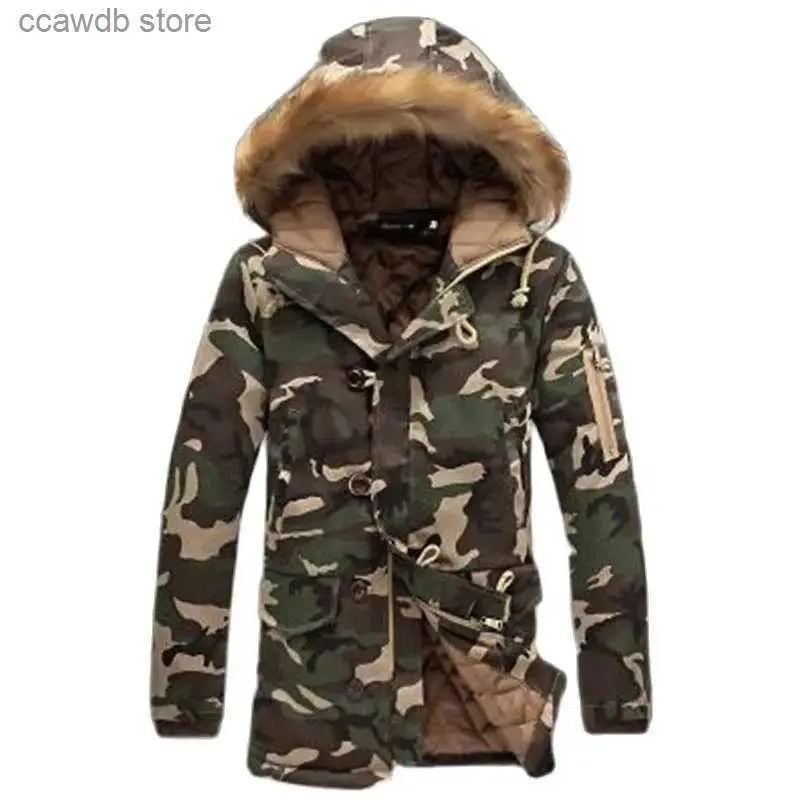 Jaquetas masculinas homens camuflagem jaqueta de inverno algodão acolchoado gola de pele com capuz longo casaco masculino cupom casual mens quente camo parka 2023 jaquetas t240109