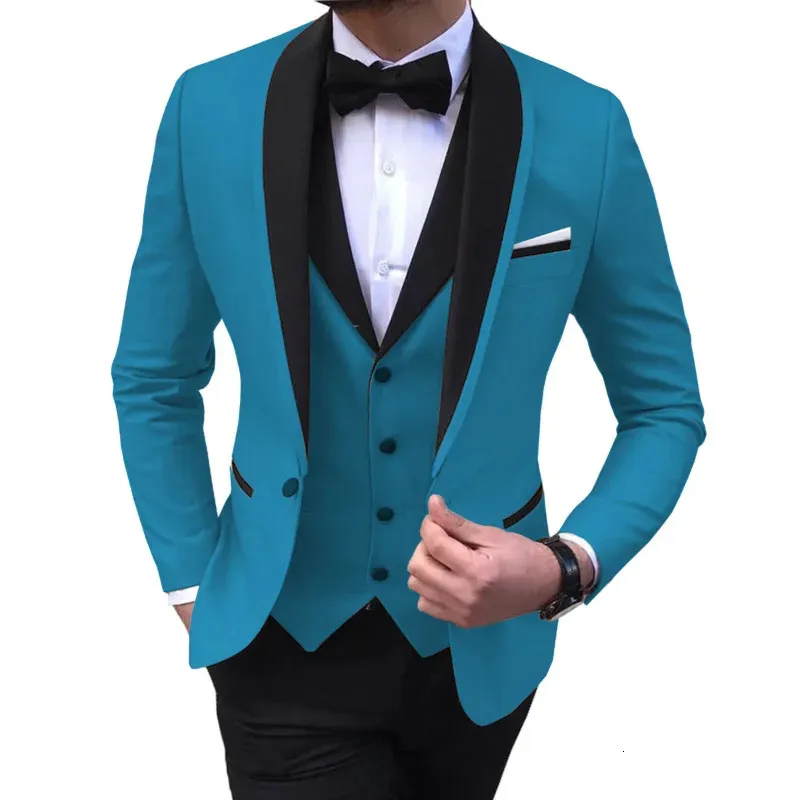 Trajes para hombre con abertura azul, esmoquin informal con solapa de chal negro de 3 piezas para padrinos de boda, blazer y pantalones 240108