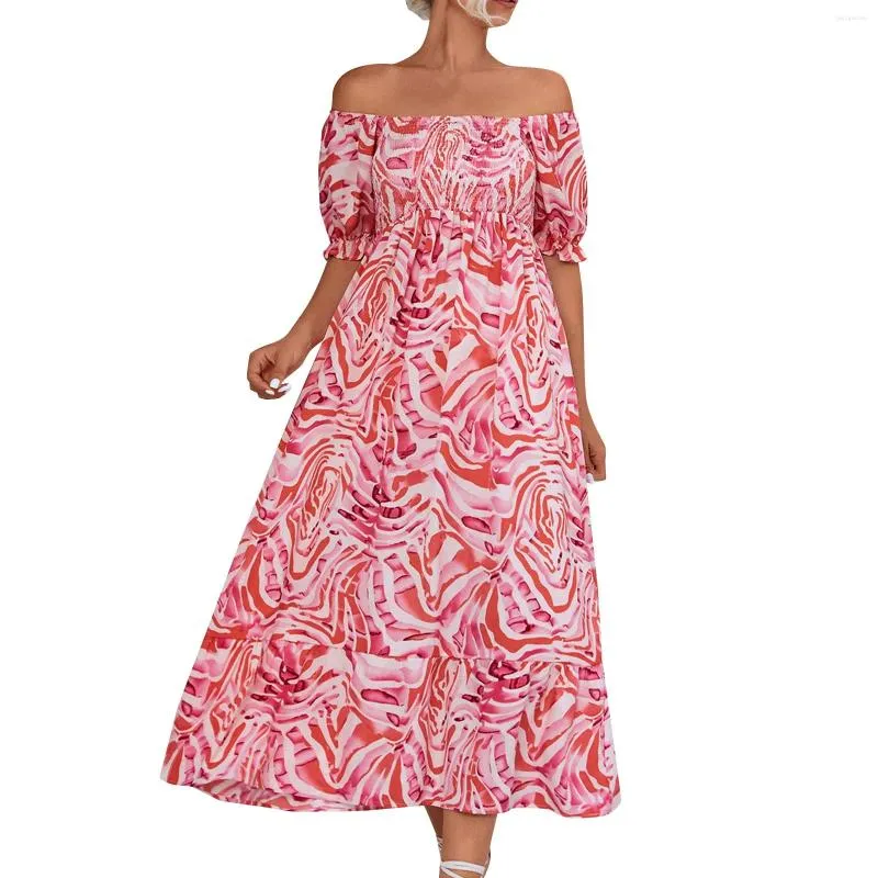 Casual Dresses Pink Sexy Off Shoulder Women Maxi Summer Fashion Print Elastic Waist Boho Long Elegant Loose Pleated Beach Dress