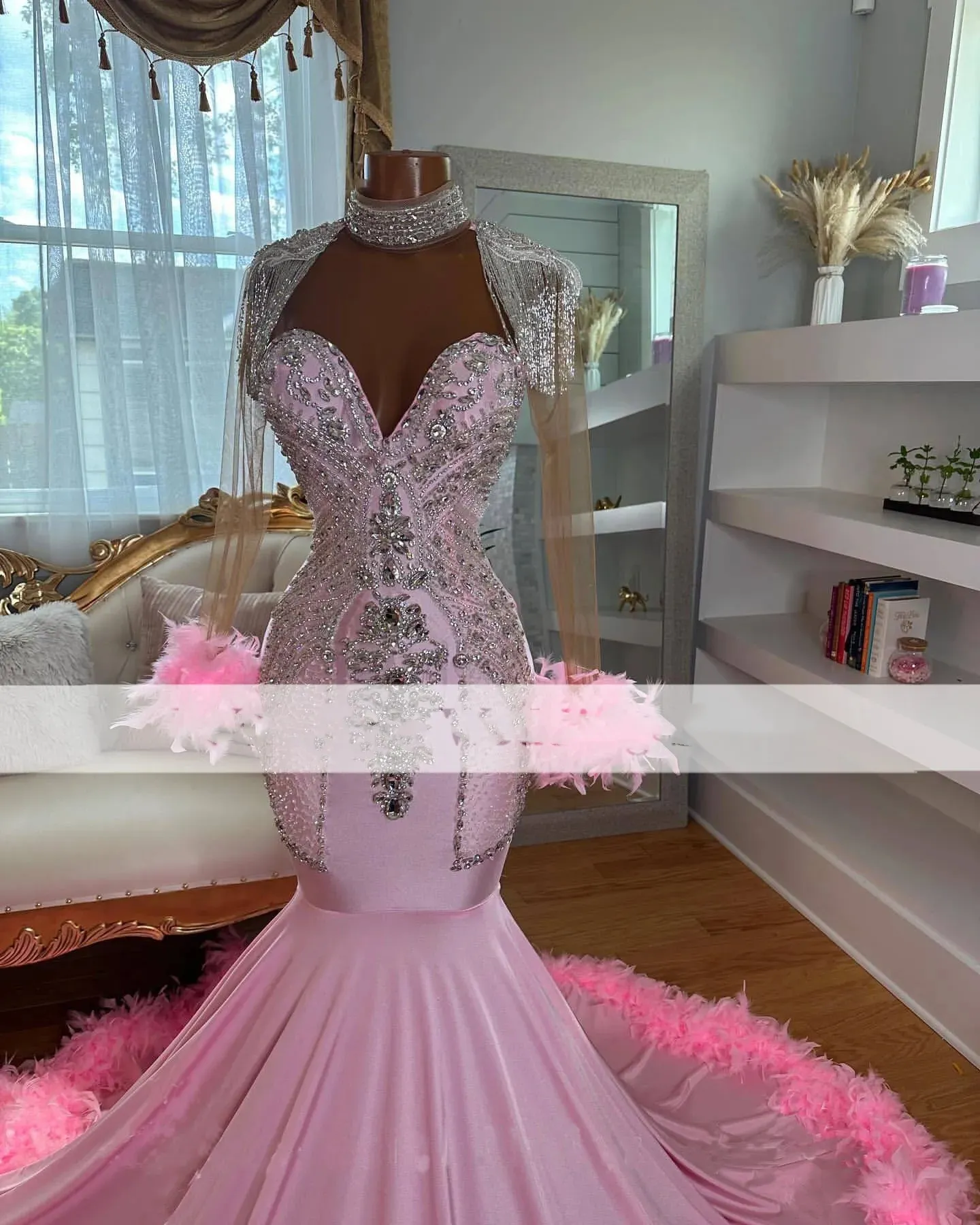 Sparkling Pink Mermaid Prom Pink Prom dress with Feathers and Rhinestones, Long Sleeves, and Diamond Embellishments - Perfect for Evening Parties and Sparkling Pink Mermaid Prom Pink Prom dress with Feathers and Rhinestones, Long Sleeves, and Diamond Embellishments - Perfect for Evening Parties and