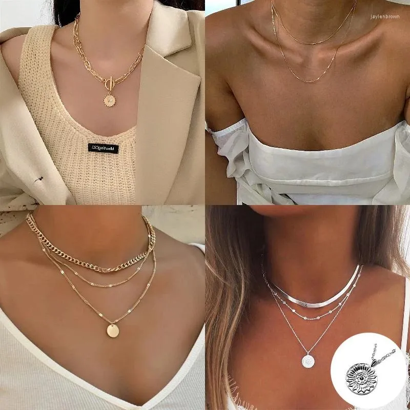 Collane con ciondolo Collana vintage color oro per donna Catena multistrato lunghe monete bohémien Ragazze Collier Femme Collares Gioielli