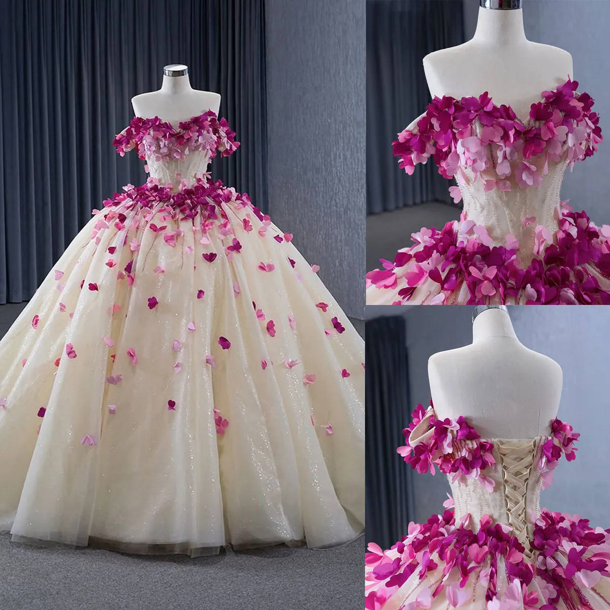 Flowers Lace-Up Chapel Train Wedding Dress Flowers Lace-Up Chapel Train Wedding Dress
