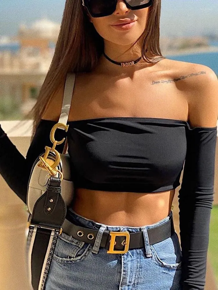 Camisetas femininas Bangniweigou Fashion Tube Top com mangas fora do ombro peito envolto magro y2k bonito preto rosa bandeau camisa street wear