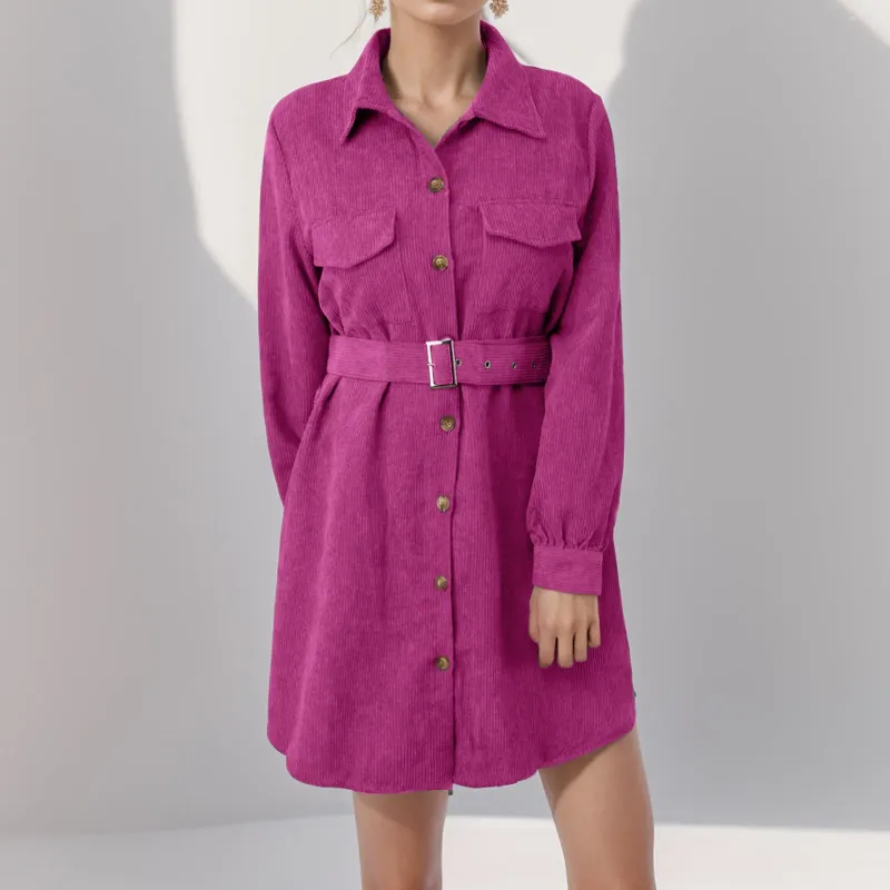 Casual klänningar mångsidig midja corduroy skjorta klänningar kvinnor fickor bältes knappar långärmad lös mini semester lady shirtdress