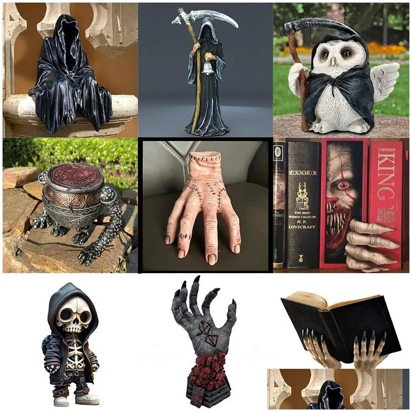 Objets décoratifs Figurines Halloween Divers Dark Death Ghost Résine Artisanat Horreur Skl Reaper Vintage Statue Ornements Bureau Fu Dhctn