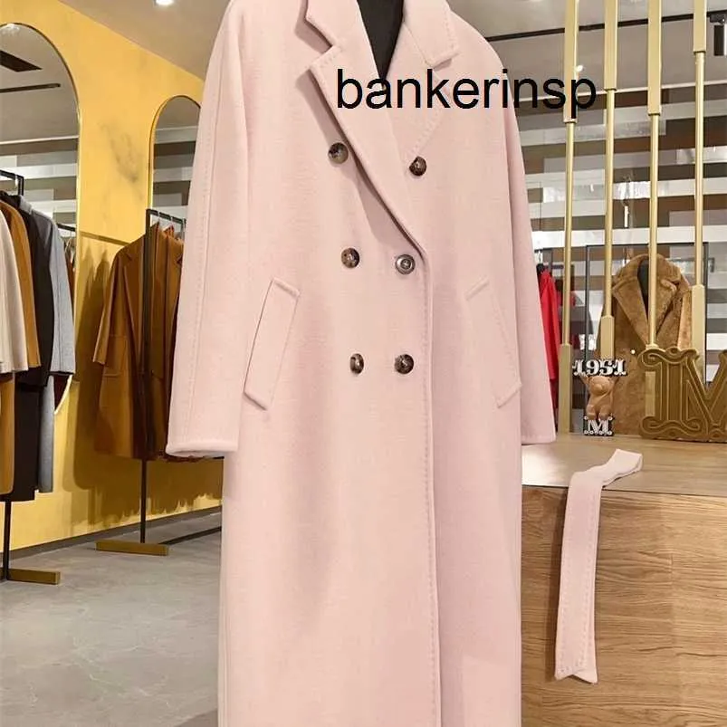 Luxury Coat Maxmaras 101801 Pure Wool Coat Winter Classic Cherry Blossom Pink Double Breasted Cashmere Coat för män och kvinnors avancerade långa outwear1a88