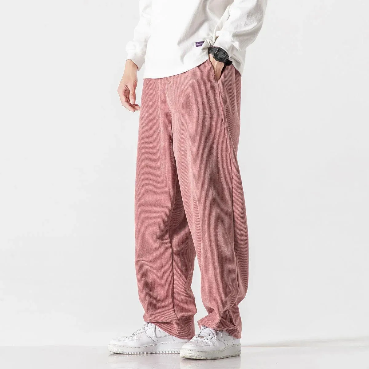 Pants MrGB 2023 Autumn New Corduroy Men's Casual Wide Leg Pants Loose Solid Pink Male Trousers High Waist Chinses Style Man Pants