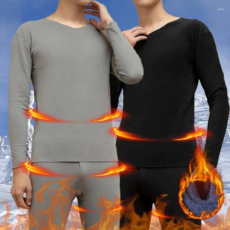 Herrens termiska underkläder Mens V-hals Set Long Johns Men Autumn Winter Shirt and Pants 2 Piece Man Clothing