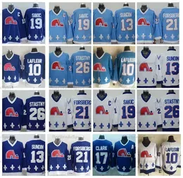 Mens Quebec Nordiques Vintage 19 Joe Sakic Hockey````Jerseys Baby Blue 26 Stastny 13 Mats Sundin 21 Peter Forsberg 10 Guy Lafleur Jersey #17
