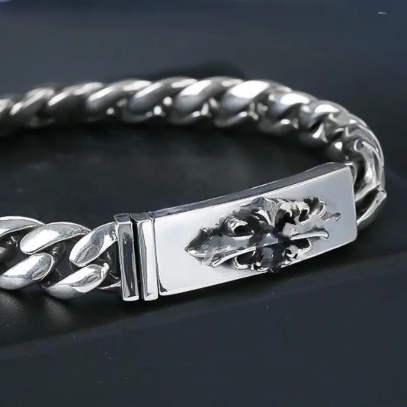 Unisex Designer Punk Cross Bracelet Domineering Retro Hand Brand Silver Thai Bracelet 10mm for Men and Women