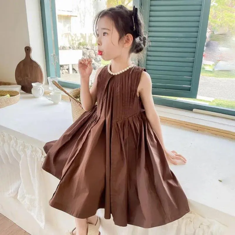 Mädchen Kleider Kinder Kleid 2024 Sommer Koreanische Mode Ärmelloses Mädchen 3-16 Jahre Kinder Prinzessin Kaffee Wz1109