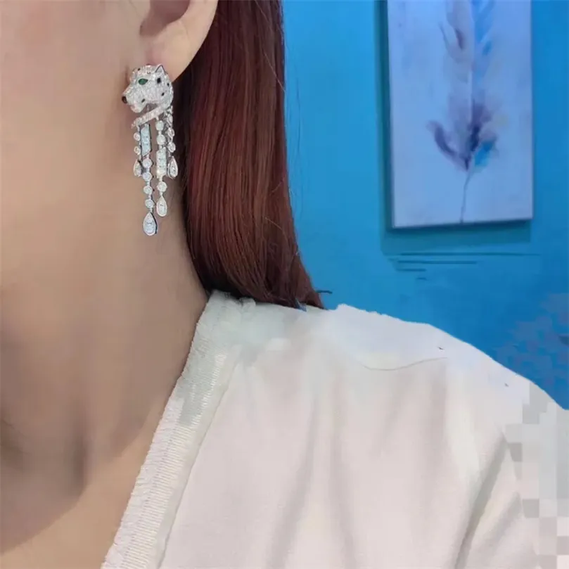 Orecchini pendenti in cristallo pieno Designer di marca Testa di leopardo Lunga catena con nappa Orecchini pendenti con ciondolo in cristallo per gioielli da donna