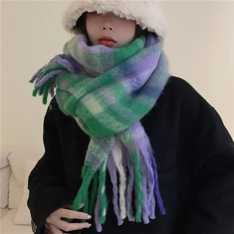 Winter Women Plaid Scarf AC Pamanhmina Shawls Cashmere Thick Wraps Lady Tassel Warm Scarves Rainbow Hairy Bufanda C06 240108