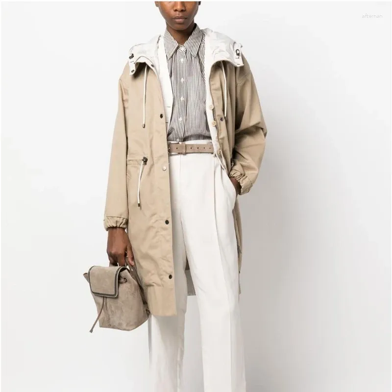 Women's Trench Coats 2024 Autumn And Winter Women Hooded Waist Drawstring Long Coat