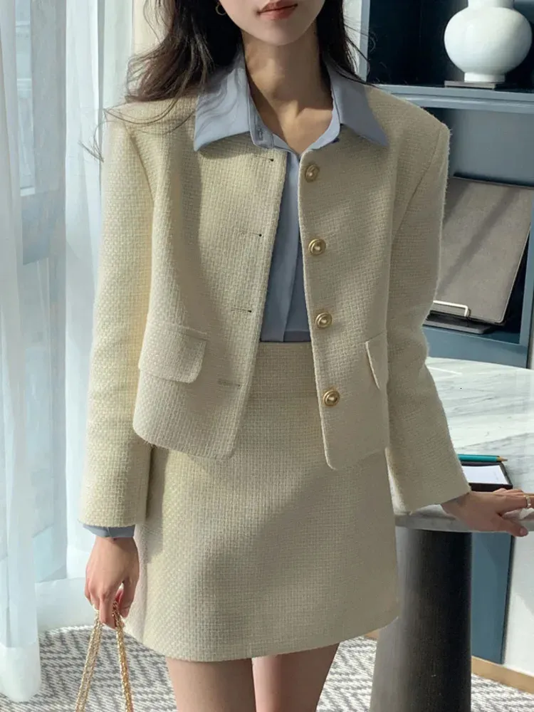 Korean Fashion Tweed Two Piece Set For Women Autumn Winter Elegant Long Sleeve Short Jacket Coat Mini Skirt Suits OL 240109