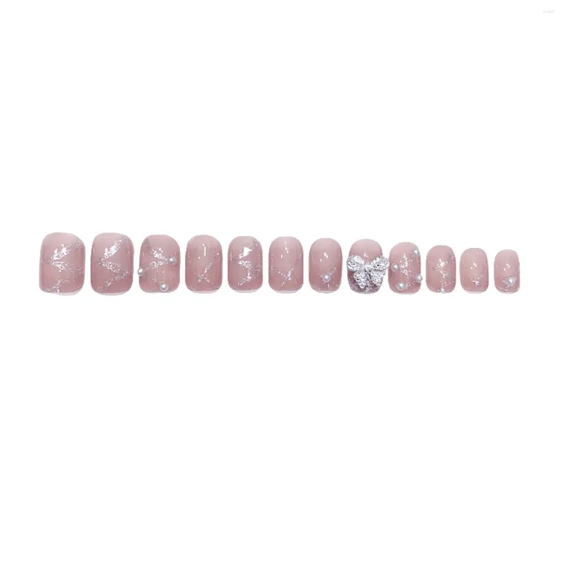 False Nails Ribbon Glitter Setting Pink Long Fake Full Cover Square Artificial Nail Tips For Women And Girl Salon