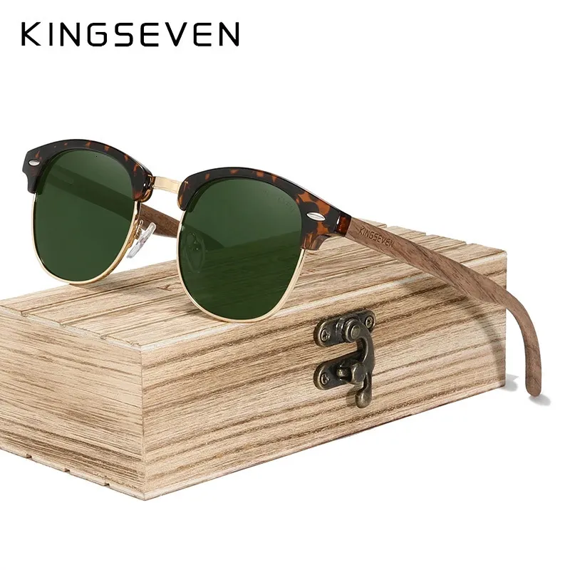 KINGSEVEN Zonnebril Voor Mannen Gepolariseerde UV400 Hout Vrouwen Ronde Frame Zonnebril Merk Vintage Bescherming Brillen Patchwork 240109