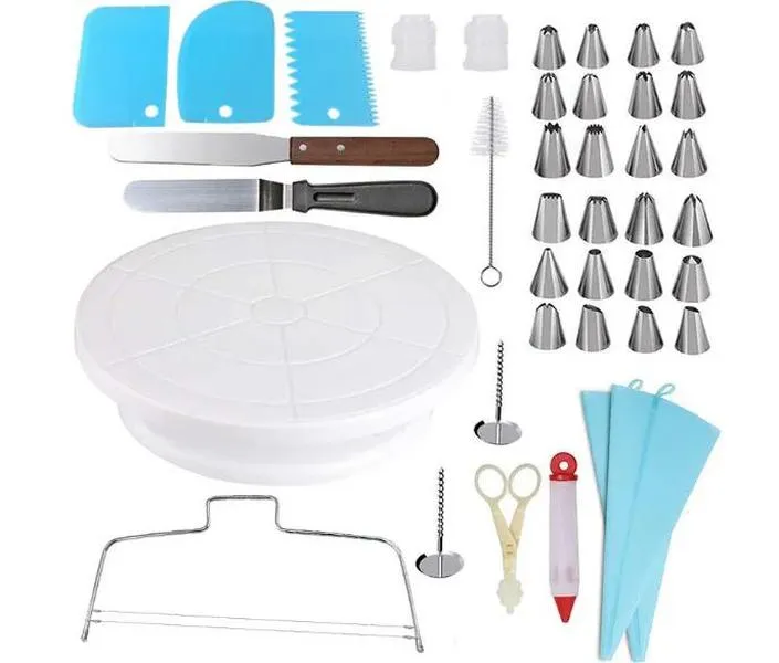 Kits de decoração de bolo fornecem acessórios de cozimento 52 em 1 com suporte de mesa giratória para bolo, pontas de bolo numeradas, espátula mais suave para cobertura, tubulação BJ