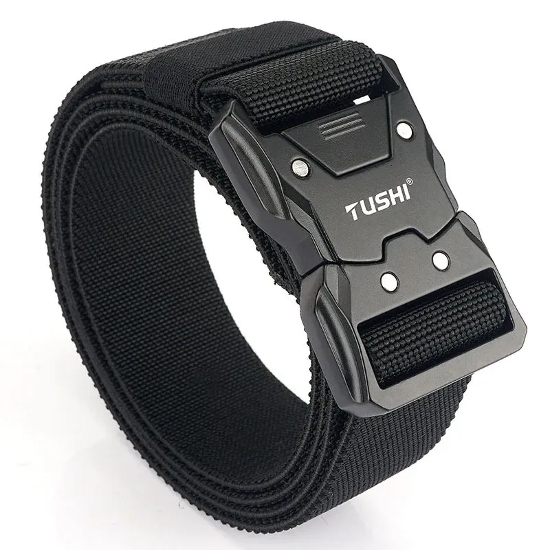 Ceinture Tactique Homme Nylon Noir, Boucle Métal, Armée Militaire, Longueur Ajustable Jusqu'à 125cm