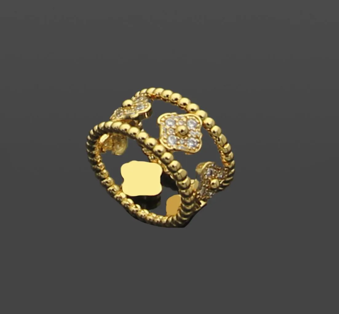 Pierścienia para podwójna koniczyna pełna diamentowy otwartym pierścieniem Kalejdoskop pusta gwiazda Fourleaf Flower 18karat Gold Butterfly Blue Turquoise5361427