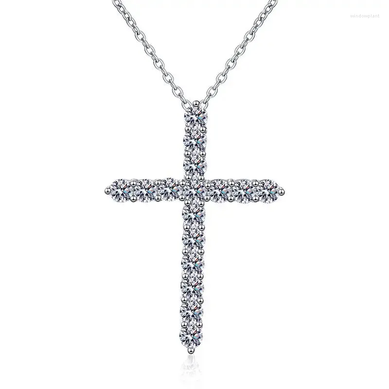 Chains Fashion S925 Sterling Silver Platinum Full Diamond Sparkling Cross Pendant 1.6 Moissanite Necklace For Clothing Matching