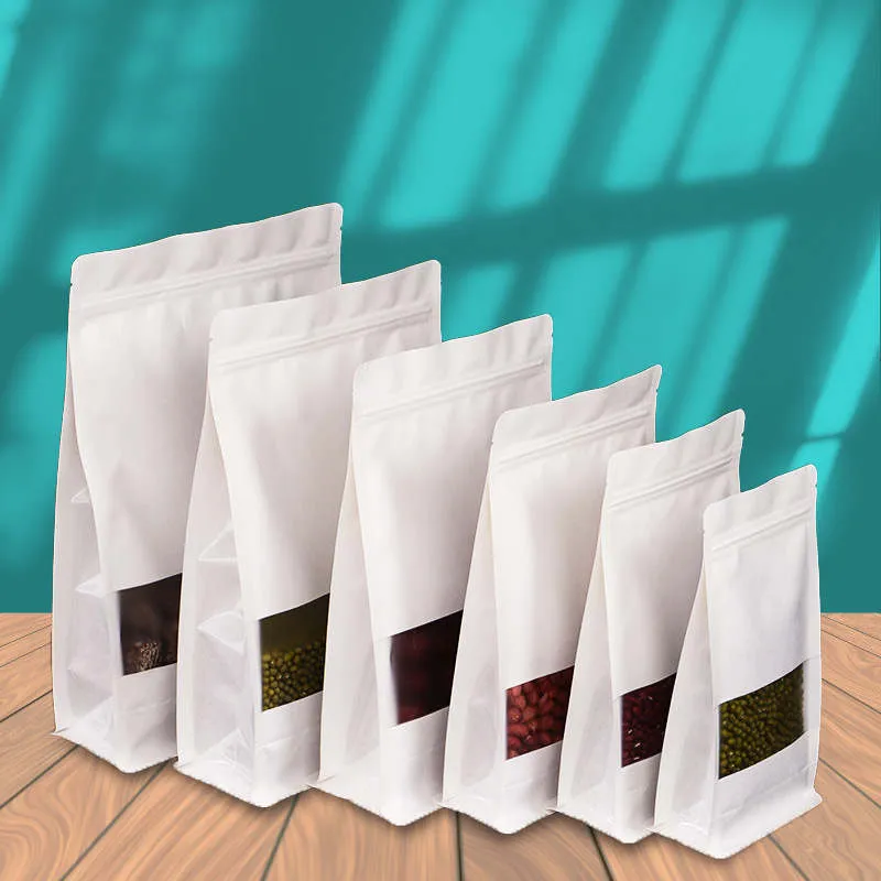 Sacos de embalagem de papel Kraft branco Octogonal Janela transparente Bolsa à prova de cheiro para biscoitos de alimentos Lanche Erva seca Feijão de café Chá Frutas secas Nozes Núcleos Armazenamento de sementes