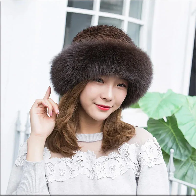 real mink woven hat pure natural fox hair fisherman's hat winter warm fashion women's fox fur mink fur hat 240108