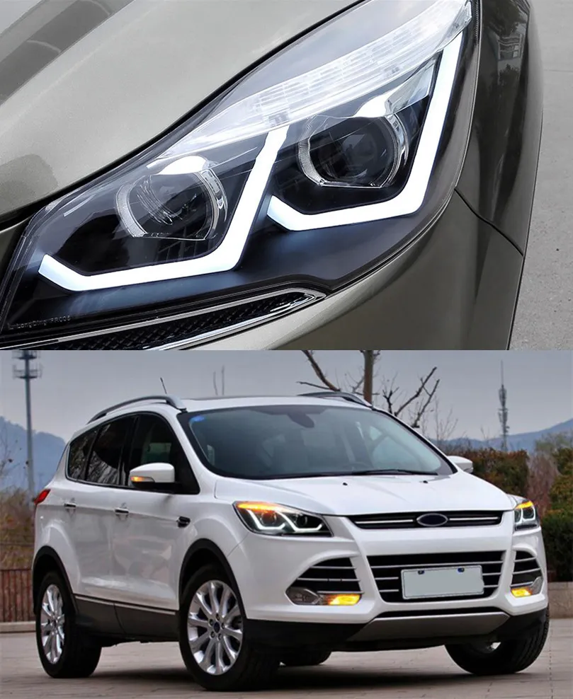 Luce di marcia diurna a LED per Ford Kuga Escape Faro 2013-2016 Indicatore di direzione dinamico Abbagliante Lente della lampada frontale