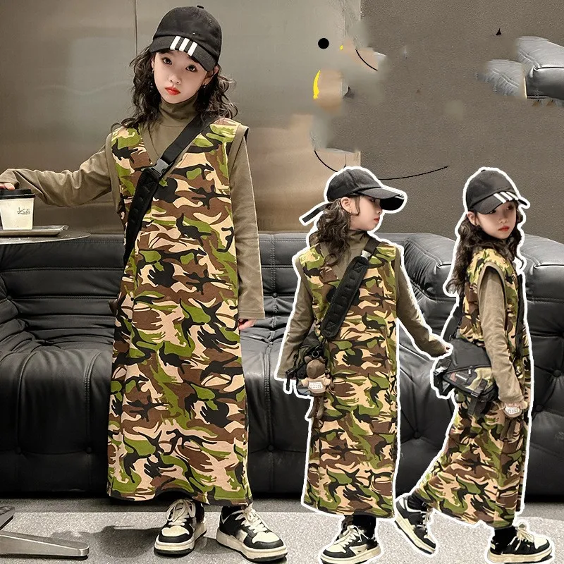 2024 Spring Big Girls Clothes Set Old Kids Half High Collar Long Sleeve Bottoming Shirt Camouflage Sleeveless Long Dress 2st Teenagers Casual Outfits Z6600