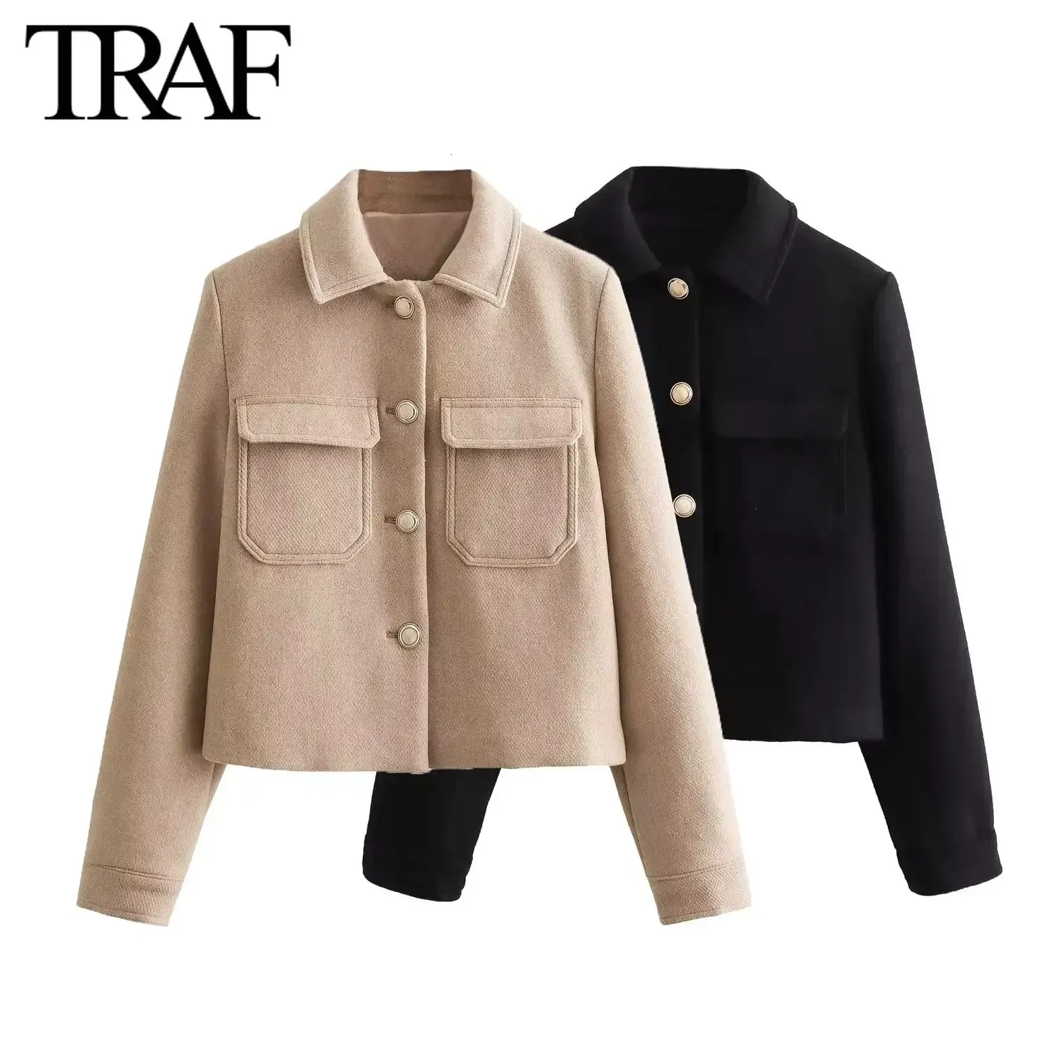 Traf Women Fashion Autumn Winter SingleBreasted Lapel Flip Pocket Woolen Shirt Jacket Short Coat Chic Ladies Tops Mujer 240108