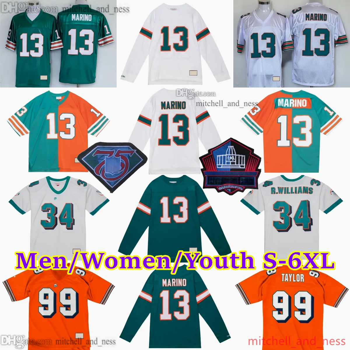 Custom S-6xl Classic Vintage Football 13 Dan Marino Jersey Countback 1966-1999 STITT 23 RONNIE Brown 34 Ricky Williams 54 Zach Thomas 78 Richmond Webb Bob Baumhower