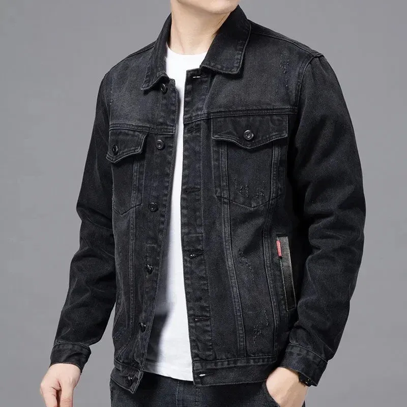 Мужская черная джинсовая куртка, уличная одежда, весна-осень, винтажное повседневное верх с длинными рукавами, модное свободное пальто с отложным воротником 240108