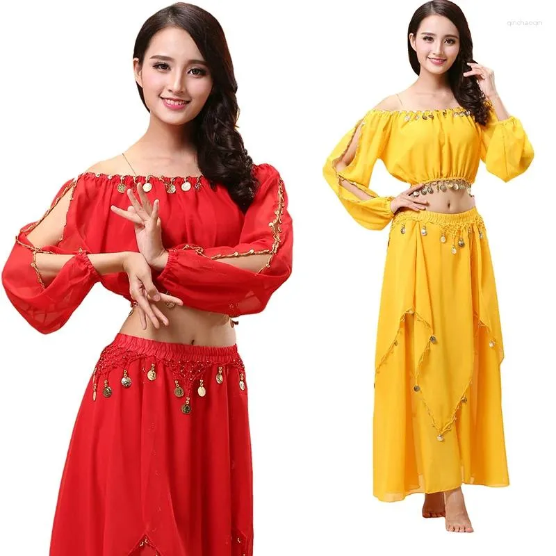 Gym Clothing 2pieces Suit Bollywood Belly Dance Costume Set Sari Bellydance Skirt Women Chiffon 2pcs (Top Skirt)