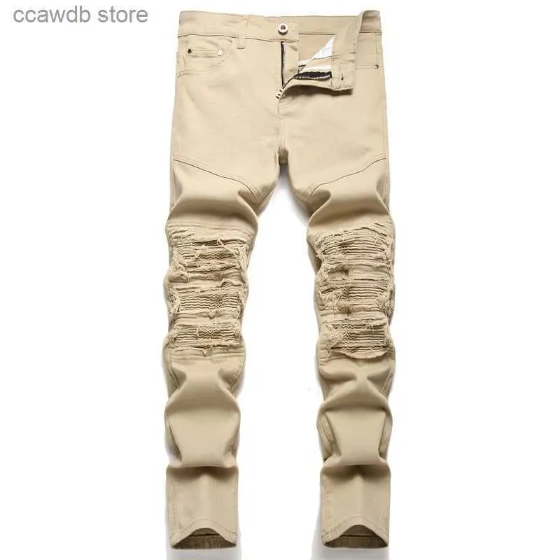 Męskie dżinsy Nowe mody motocyklowe dżinsy dżinsowe Slim Fit Plisted Motocycle Denim Spodni marka projektant High Elastic Khaki Raped dżinsy T240109