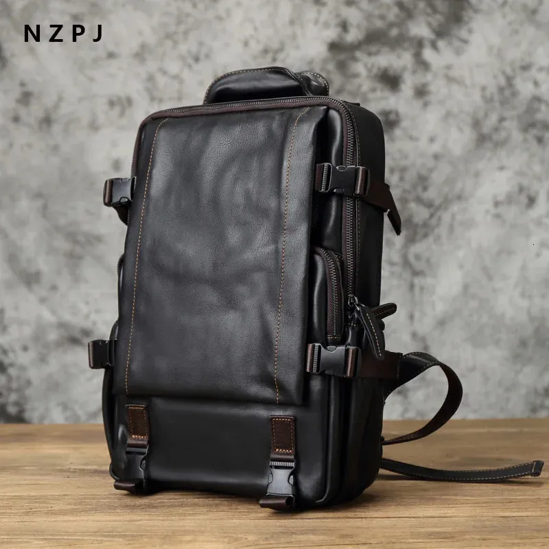 Nzpj mochila masculina de couro primeira camada lazer negócios viagem grande capacidade bolsa computador feminina 240108