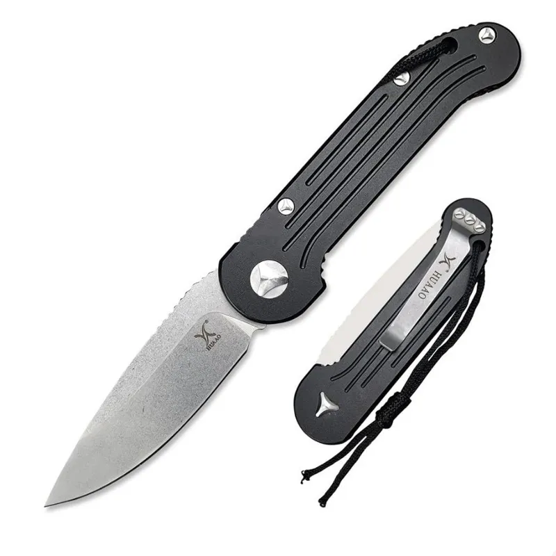 Huaao 135 utomhus Auto Folding Knife 3.375 "D2 Plain Blade, Black Aviation Aluminium HANDLAR Taktisk överlevnad Automatisk fickkniv Camping EDC Tool BM 8551 9070 3300