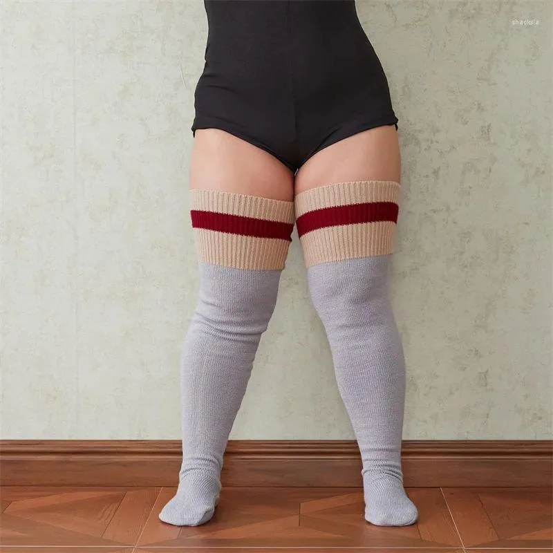 Women Socks CHRONSTYLE Knitted Thigh High Contrast Color Stripe Print Elastic Anti Slip Plus Size Long Stockings Streetwear