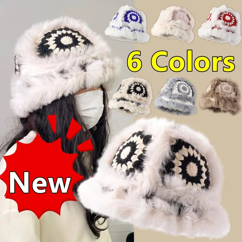 6 couleurs mode seau chapeaux pour femmes hiver chaud mignon peluche casquette grande tête taille décontracté fourrure de lapin tricoté casquettes de pêcheur 240108