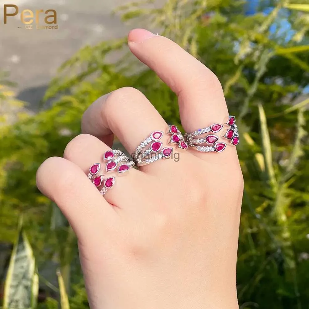 Pierścienie klastra marka mody róża czerwona sześcienna cyrkon srebrny kolor otwieraj obietnice pierścienie dla kobiet akcesoria biżuterii zaręczynowe R193 YQ240109