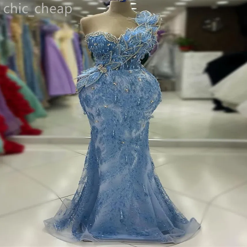 2024 Aso Ebi Himmelblaues Meerjungfrau-Abschlussballkleid mit Perlen und Kristallen, formelle Party, zweiter Empfang, Geburtstag, Verlobungskleid, Kleider Robe de Soiree ZJ423