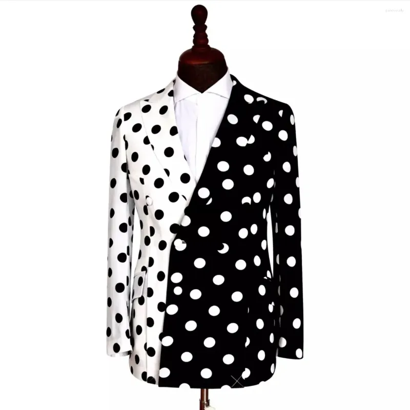 Herrenanzüge, schwarz, elfenbeinfarben, farblich passend, große Polka Dots, Manteldesign, Hochzeit, Bräutigam, spitzes Revers, schmaler Blazer, 1-teilige Jacke