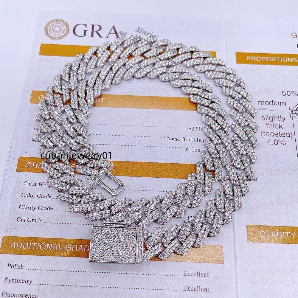 Joias com corrente de colar de ouro e diamante para homens 15 mm de largura 2 fileiras pulseira de moissanite masculina prateada corrente de elo cubano passar testador de diamante GRA VVS colar cubano de moissanite