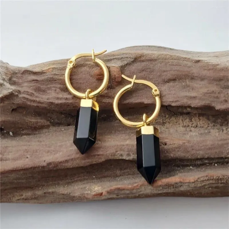 Dangle Earrings FUWO Wholesale Natural Obsidian Point Golden Plated Handmade Faceted Black Crystal Women Jewelry 5Pairs/Lot ER120