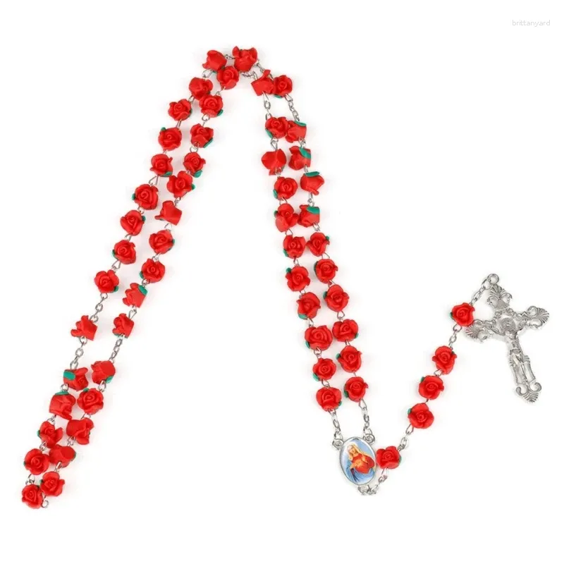 Pendentif Colliers Rosaire Perles Collier Catholique Rose Fleur Prière Crucifix Vintage Bijoux Religieux Pour Femmes Fille