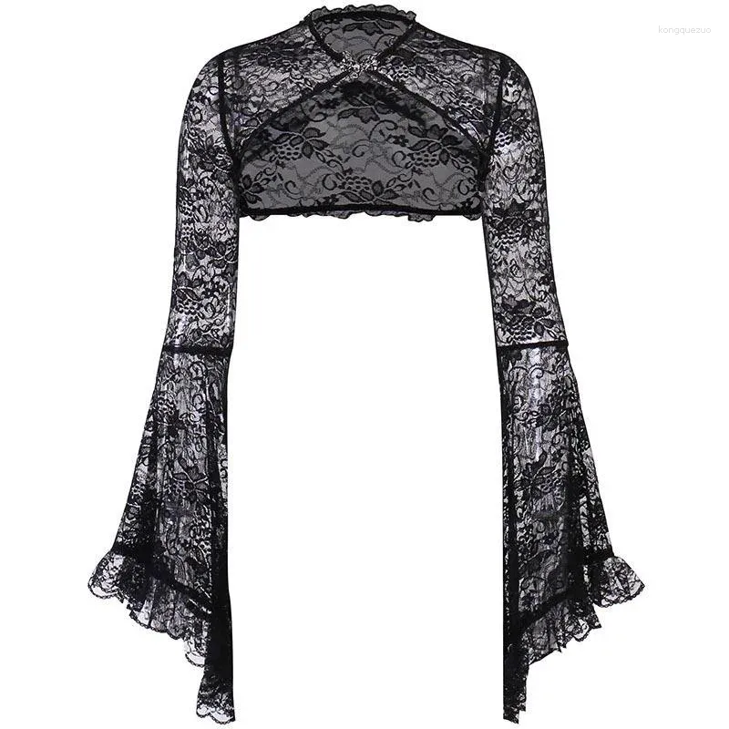 Women's T Shirts Vintage Dark Gothic Lace Shrug Overlay Long Bell Sleeve Duster For Women