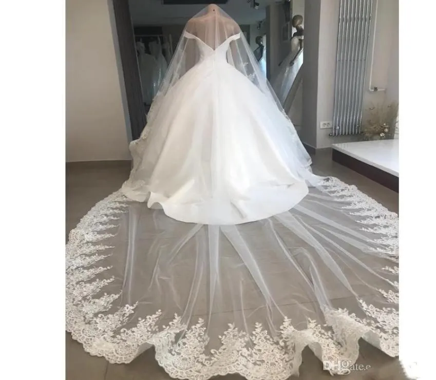 2019 Blusher Wedding Veils Cathedral Lengte Bridal Veils Lace Edge Appliqued Sounds 3m Long Aangepast met Comb6609291