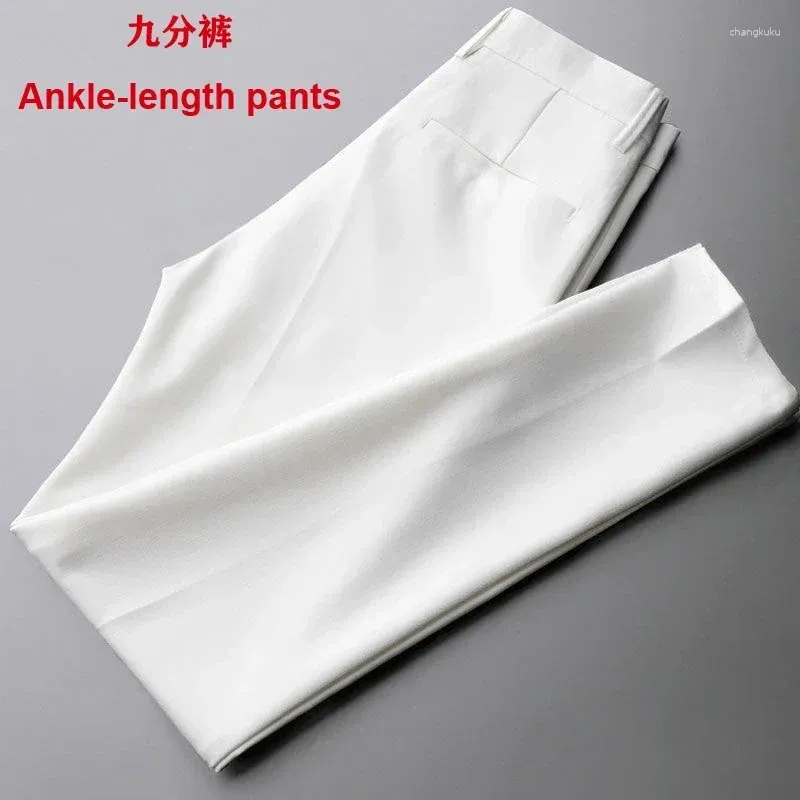 Calças masculinas 2024 calças drapeadas retas slim casual branco terno anti-rugas de alta qualidade nove pontos