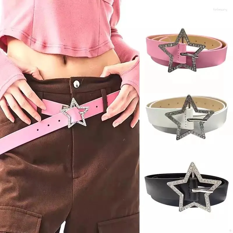 Riemen Y2K Pittig Meisje Roze PU Lederen Riem Metalen Mode Gesp Vijfpunts Ster Strass Tailleband Dames Jeans